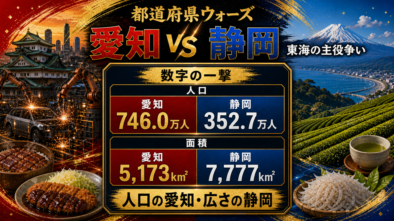 愛知県と静岡県の人口と面積を比較した都道府県ウォーズのデータ画像。愛知746.0万人、静岡352.7万人、愛知5173平方キロメートル、静岡7777平方キロメートル