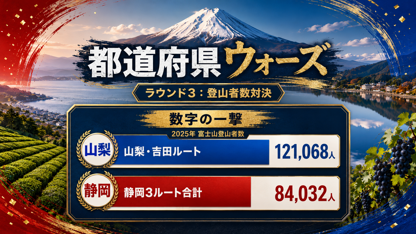 2025年の富士山登山者数を比較した都道府県ウォーズのデータ画像。山梨・吉田ルート121,068人、静岡3ルート合計84,032人。