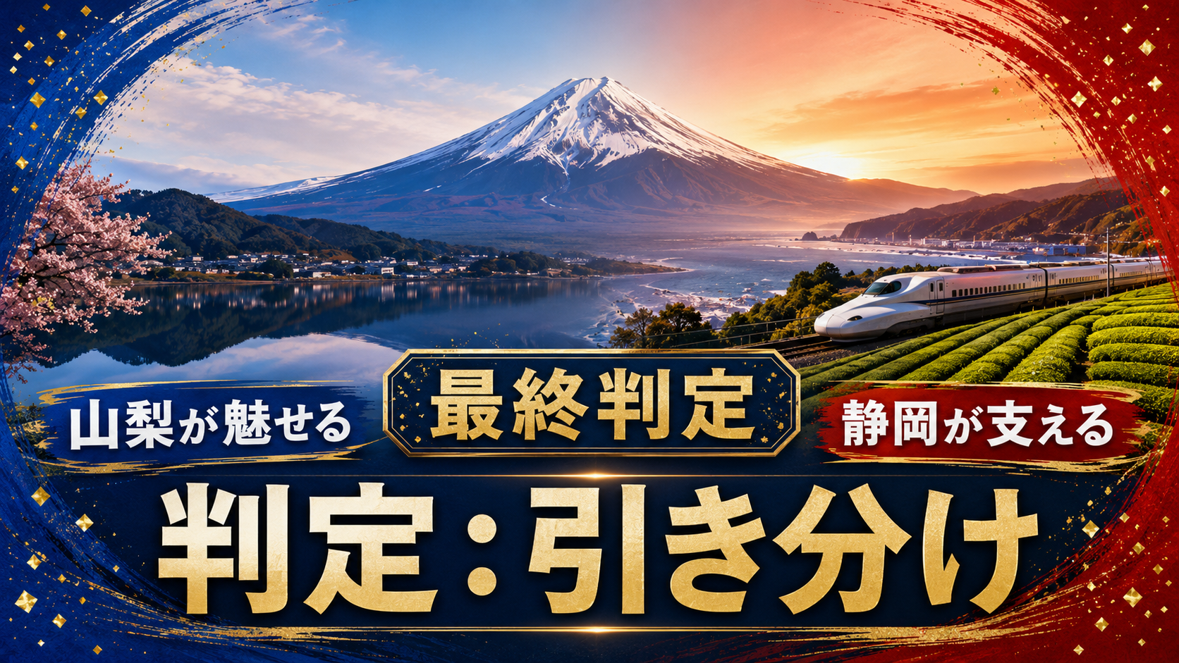 富士山対決の最終判定を表す画像。山梨が魅せる、静岡が支える、判定は引き分け。