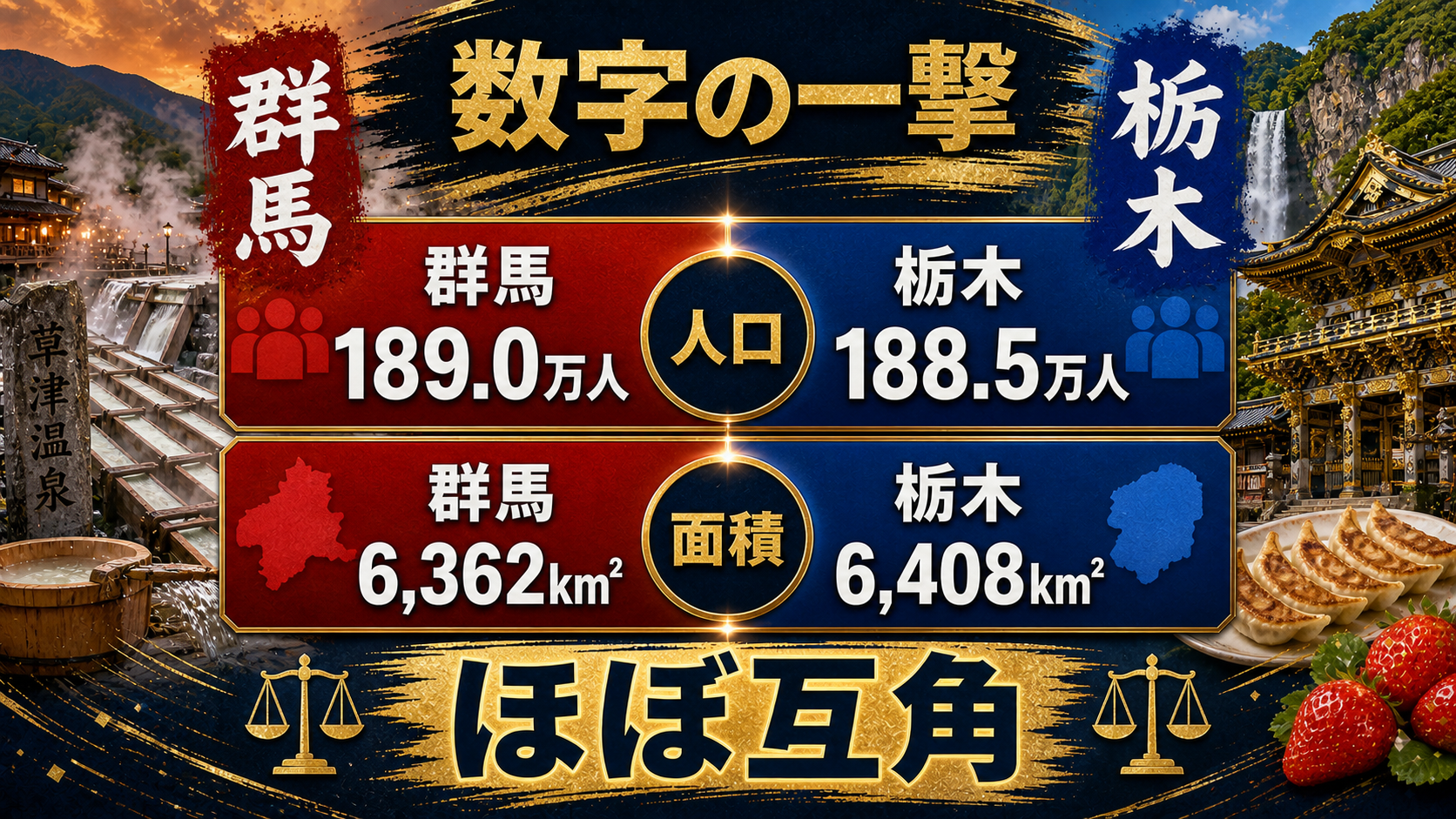 群馬県と栃木県の人口と面積を比較した都道府県ウォーズのデータ画像。群馬189.0万人、栃木188.5万人、群馬6362平方キロメートル、栃木6408平方キロメートル。