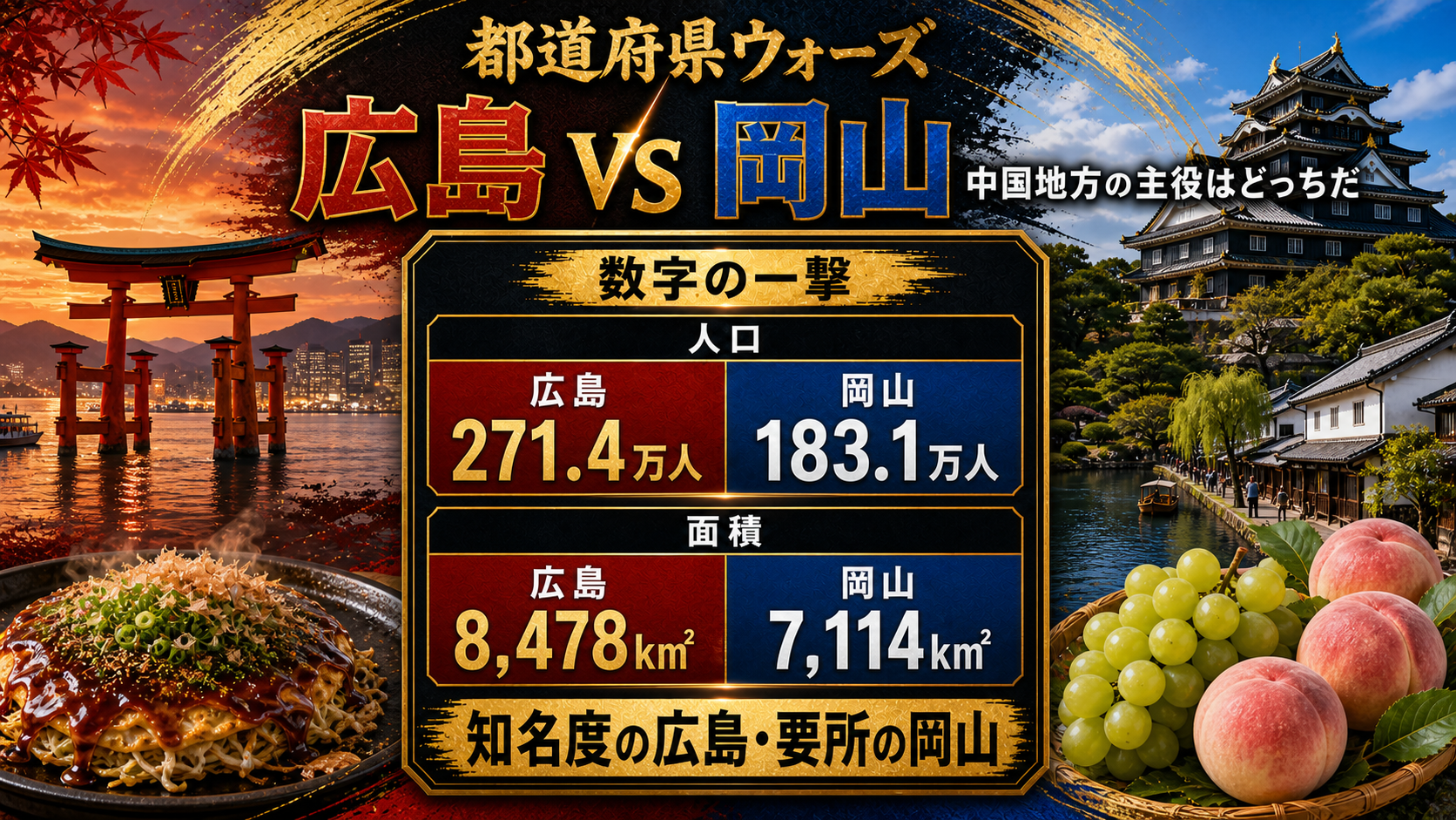広島県と岡山県の人口と面積を比較した都道府県ウォーズのデータ画像。広島271.4万人、岡山183.1万人、広島8478平方キロメートル、岡山7114平方キロメートル