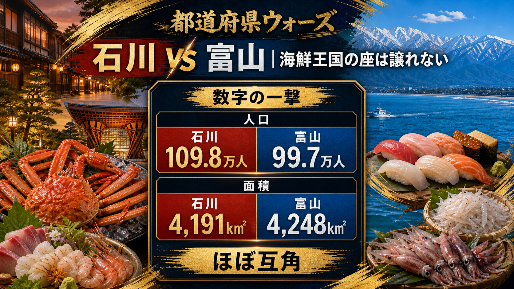 石川県と富山県の人口と面積を比較した都道府県ウォーズのデータ画像。石川109.8万人、富山99.7万人、石川4191平方キロメートル、富山4248平方キロメートル
