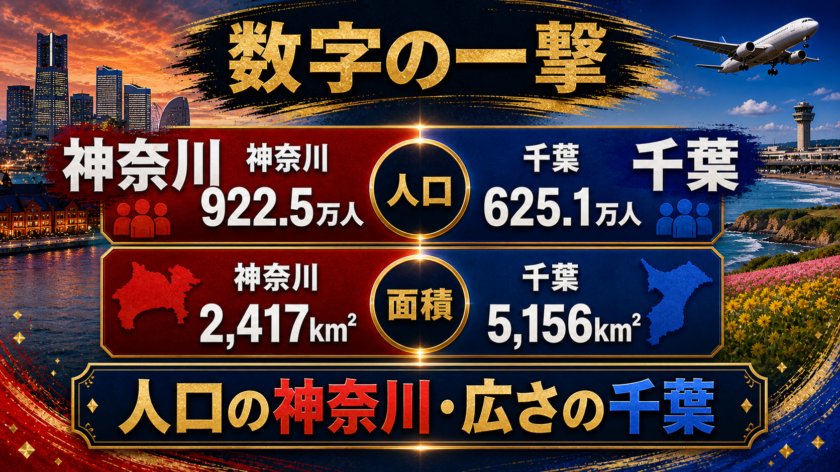 神奈川県と千葉県の人口と面積を比較した都道府県ウォーズのデータ画像。神奈川922.5万人、千葉625.1万人、神奈川2417平方キロメートル、千葉5156平方キロメートル。