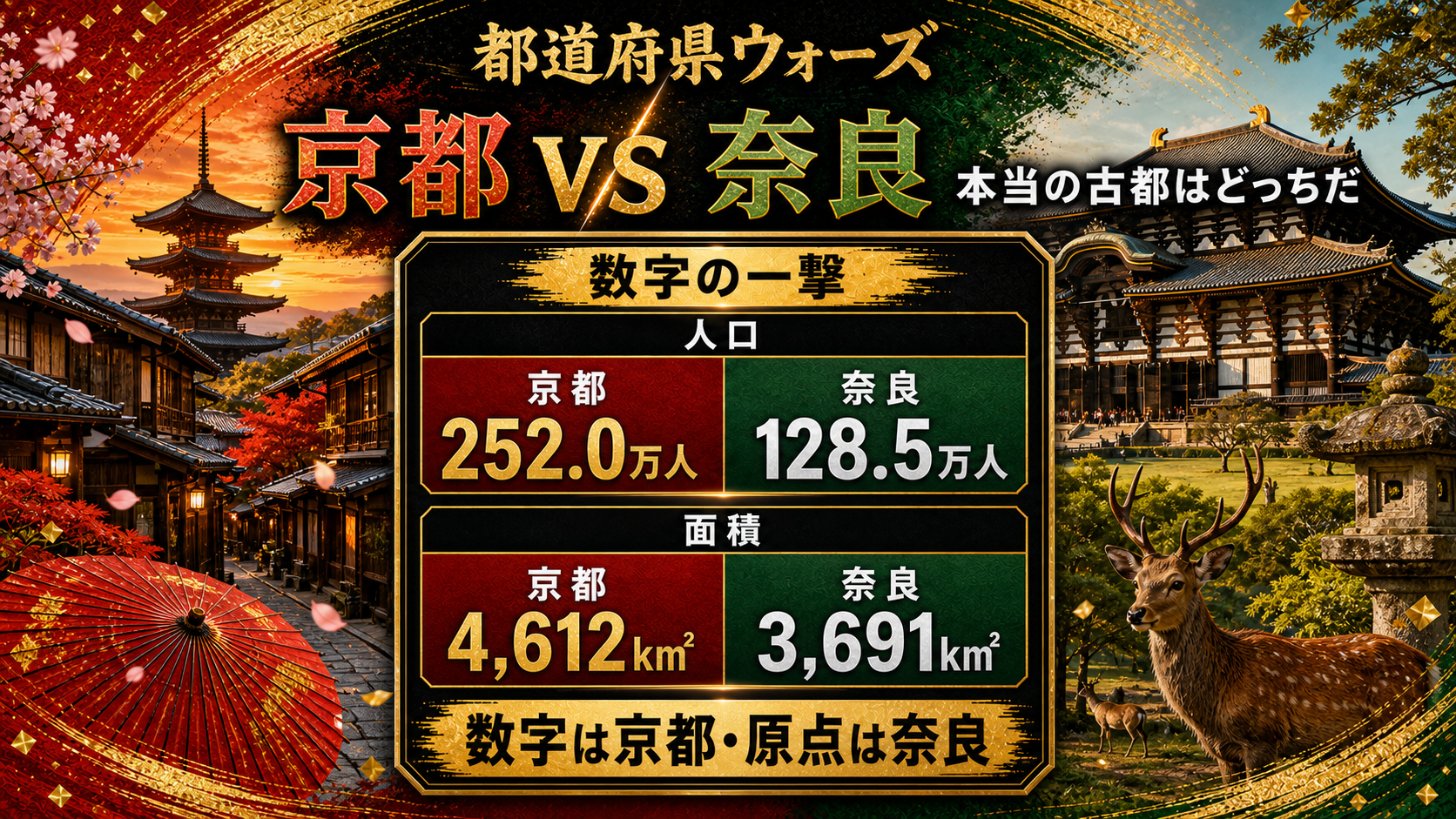 京都府と奈良県の人口と面積を比較した都道府県ウォーズのデータ画像。京都252.0万人、奈良128.5万人、京都4612平方キロメートル、奈良3691平方キロメートル