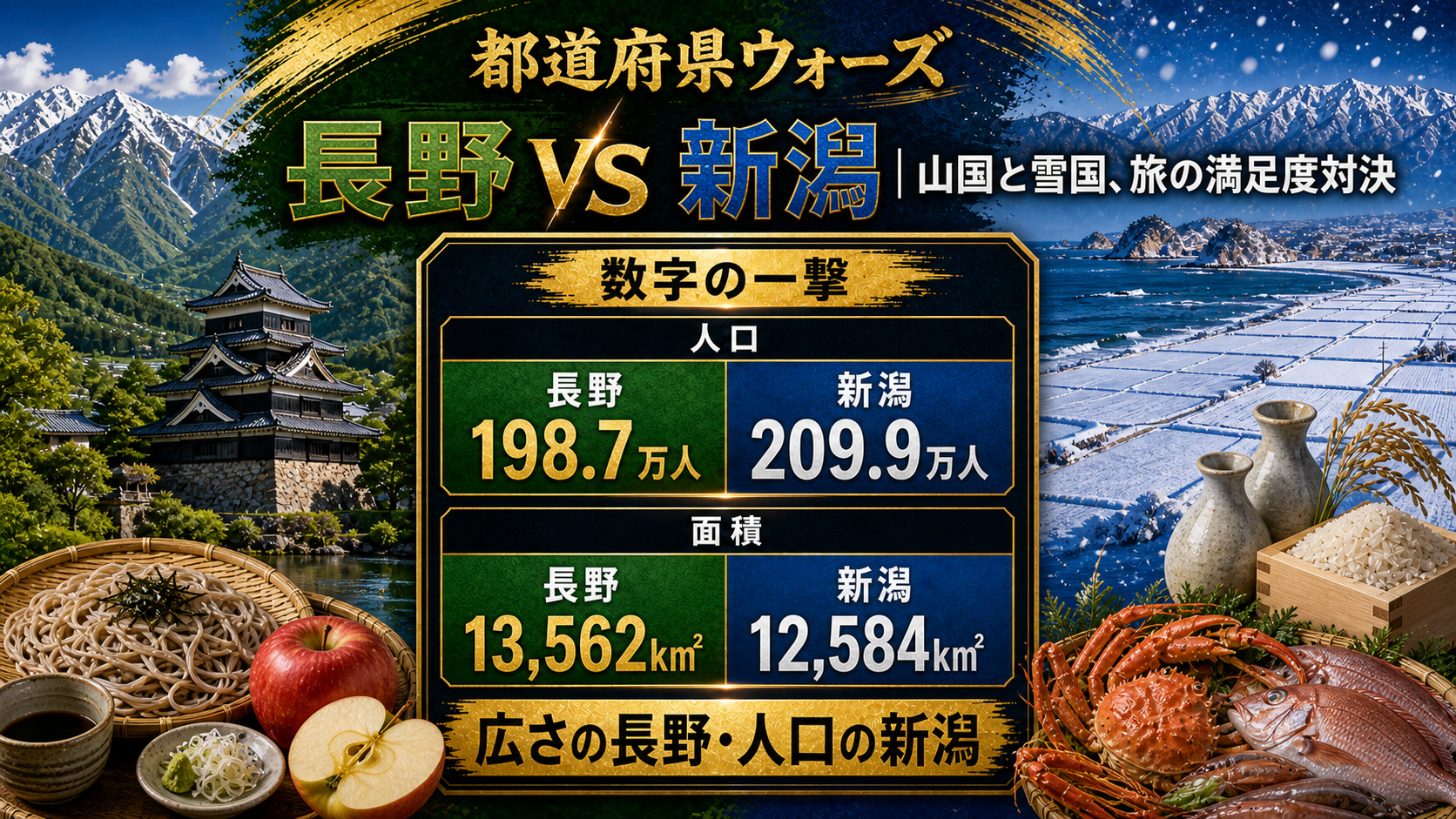 長野県と新潟県の人口と面積を比較した都道府県ウォーズのデータ画像。長野198.7万人、新潟209.9万人、長野13562平方キロメートル、新潟12584平方キロメートル