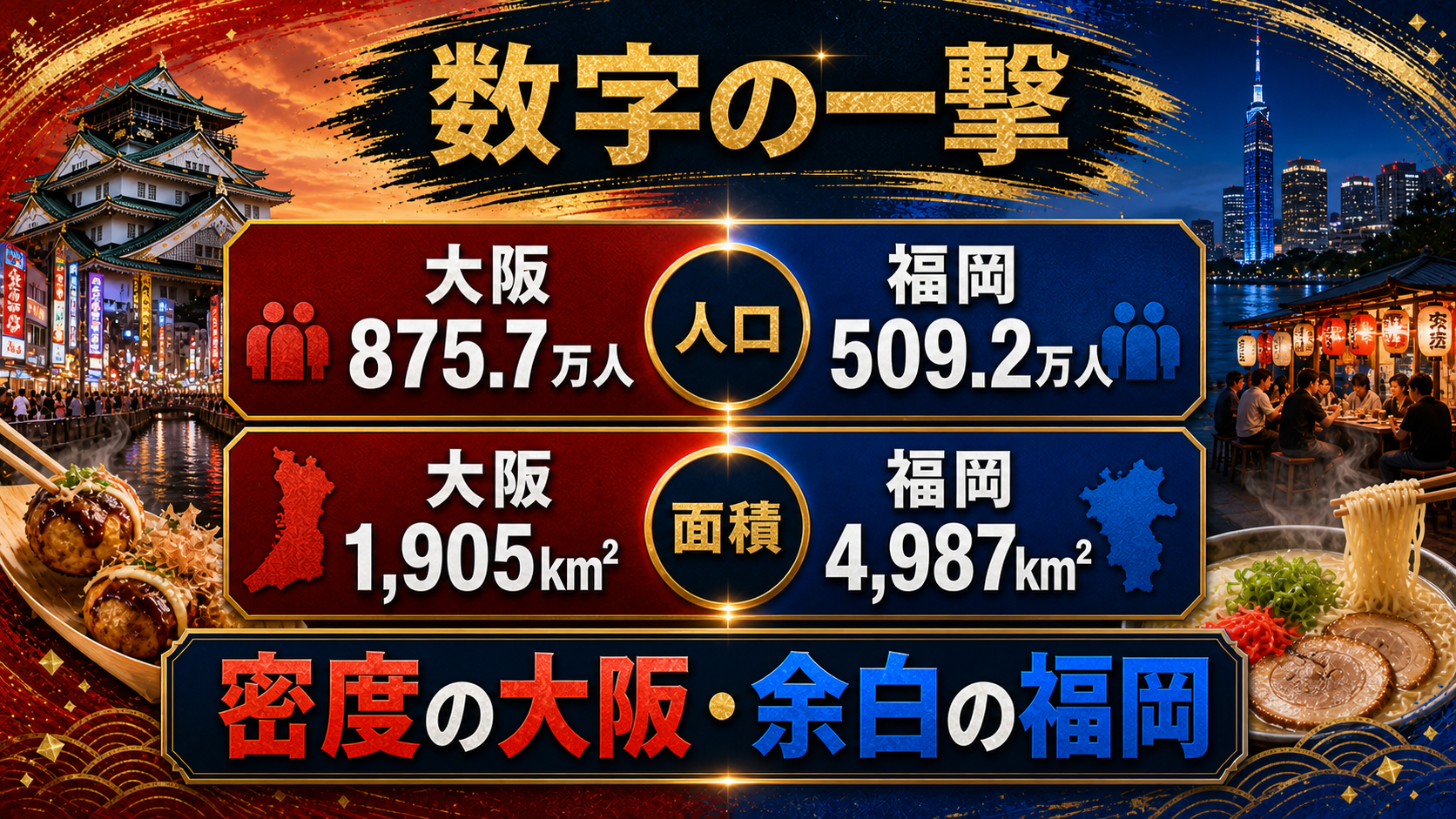 大阪府と福岡県の人口と面積を比較した都道府県ウォーズのデータ画像。大阪875.7万人、福岡509.2万人、大阪1905平方キロメートル、福岡4987平方キロメートル。