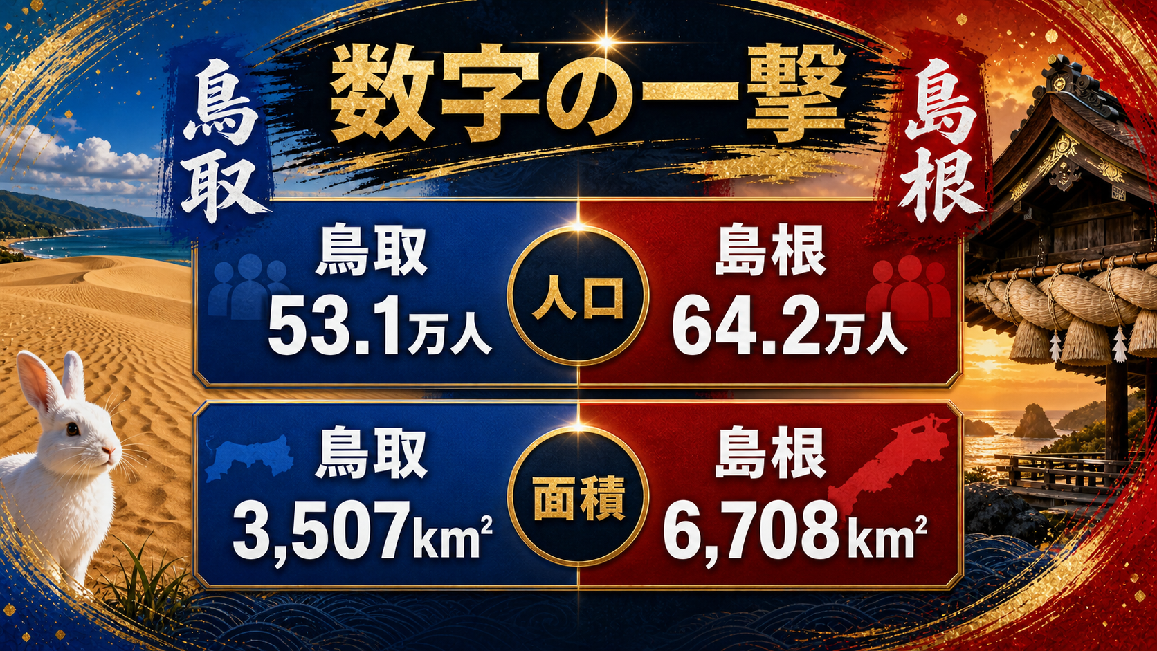 鳥取県と島根県の人口と面積を比較した都道府県ウォーズのデータ画像。鳥取53.1万人、島根64.2万人、鳥取3507平方キロメートル、島根6708平方キロメートル。