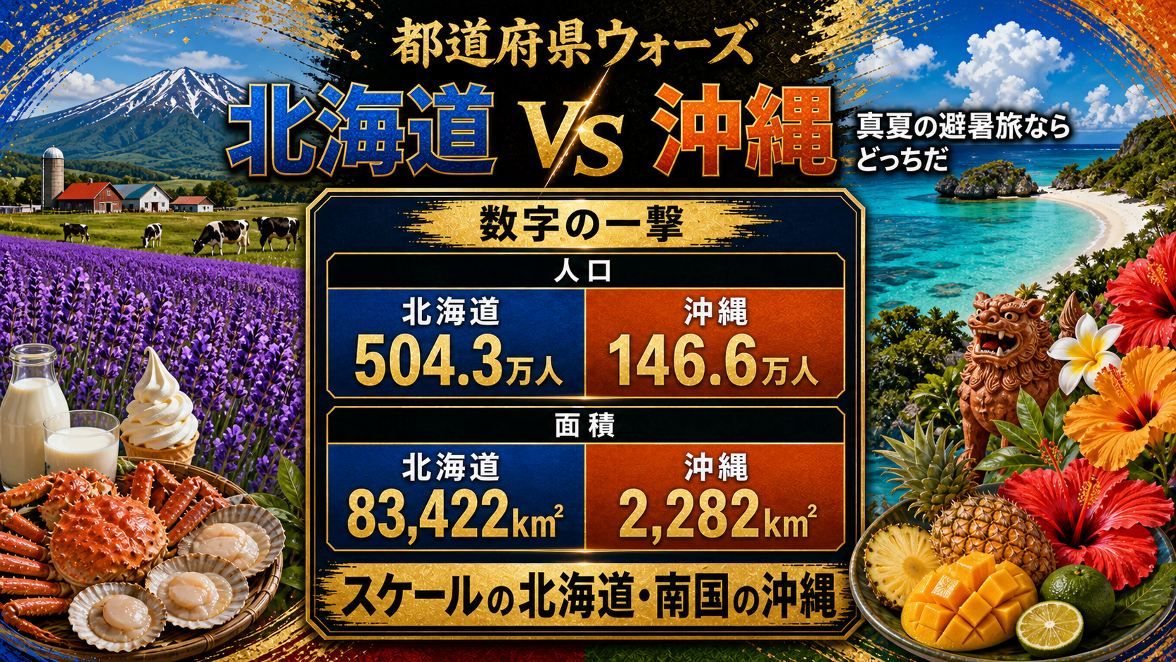 北海道と沖縄県の人口と面積を比較した都道府県ウォーズのデータ画像。北海道504.3万人、沖縄146.6万人、北海道83422平方キロメートル、沖縄2282平方キロメートル