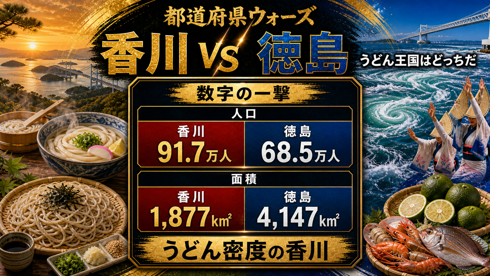 香川県と徳島県の人口と面積を比較した都道府県ウォーズのデータ画像。香川91.7万人、徳島68.5万人、香川1877平方キロメートル、徳島4147平方キロメートル