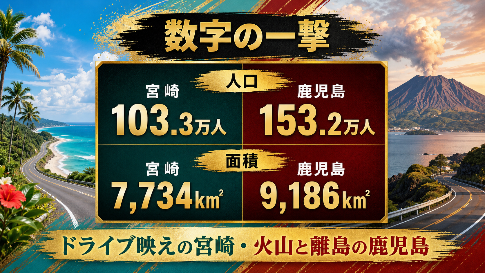 宮崎県と鹿児島県の人口と面積を比較した都道府県ウォーズのデータ画像
