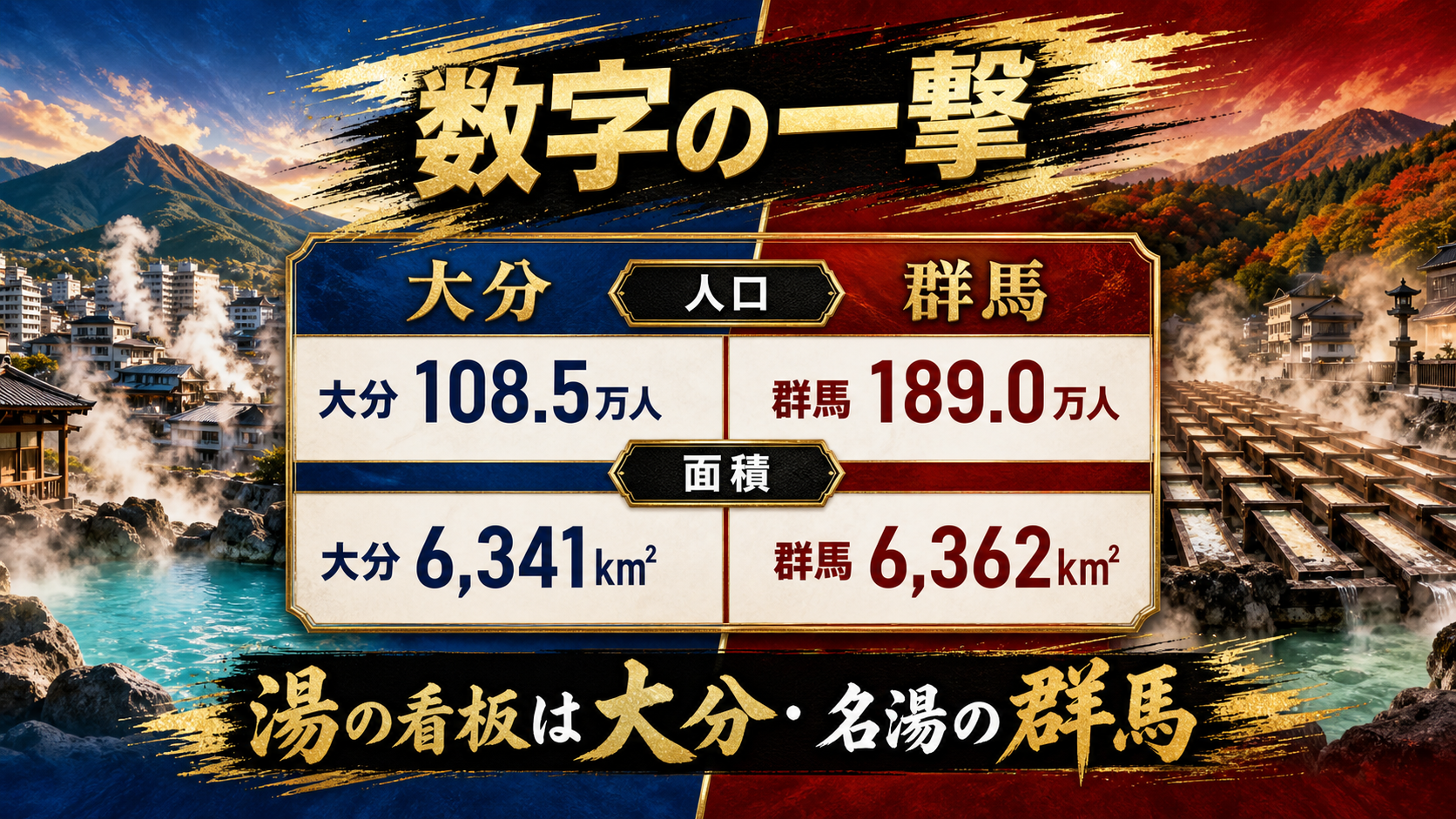 大分県と群馬県の人口と面積を比較した都道府県ウォーズのデータ画像