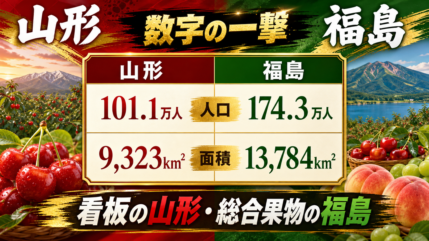 山形県と福島県の人口と面積を比較した都道府県ウォーズのデータ画像